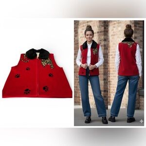 Vintage Red Vest with Removable Black Faux Fur Collar and Leopard Print